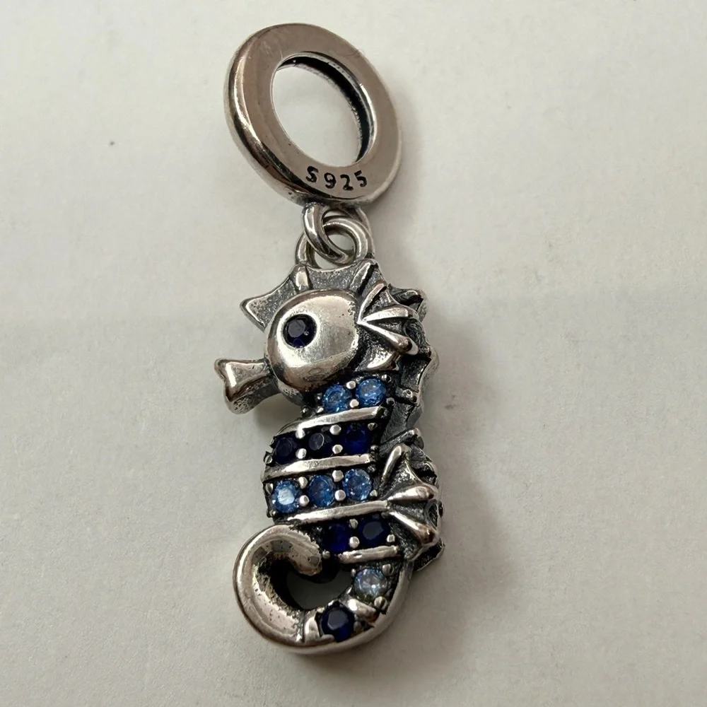 Sterling Silver Blue Seahorse Dangle Charm – S925
